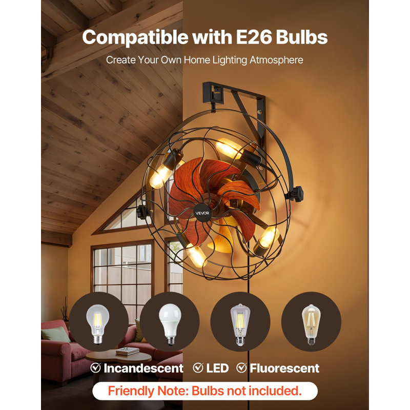 Ventilateur mural avec lumières, ventilateur mural de 21 pouces avec télécommande, ventilateur mural à 6 vitesses, minuterie, inclinaison réglable à 360 ° pour la chambre à coucher, le garage et l'atelier (Compatible avec 4 douilles E26, sans ampoule)