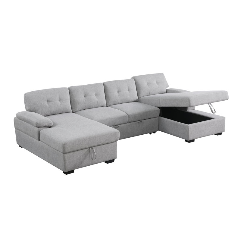 Canapé-lit modulaire rembourré et méridienne Micia, 100 % polyester gris clair