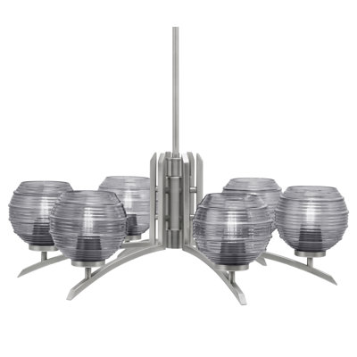Kurve 6 Light Chandelier Shown In Graphite Finish With 6" Ribbed Glass