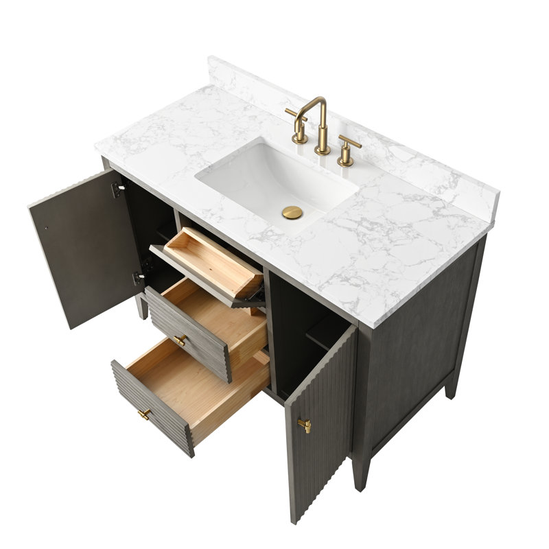 Ensemble de meuble-lavabo autoportant à simple cuve 48 po avec plateau en marbre Lavallon, Doré brossé