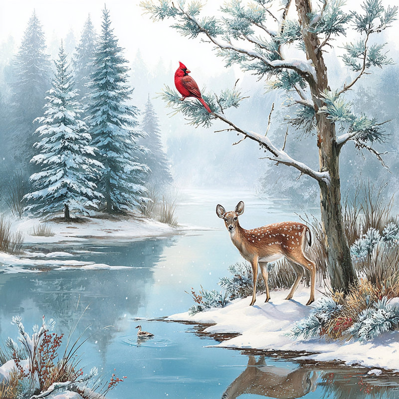 «Cardinal and Deer» par Winter River, art mural sur toile tendue, H 20 po x l 20 po
