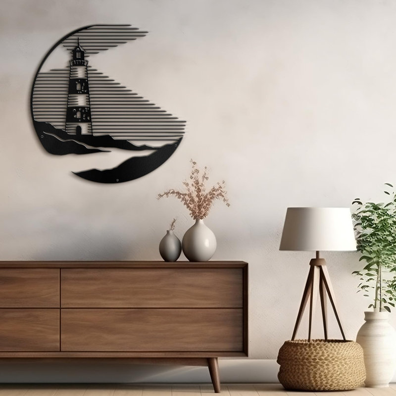 Décoration murale suspendue en métal phare minimaliste moderne abstrait, H 18 po x l 18 po x P 0,05 po, Noir