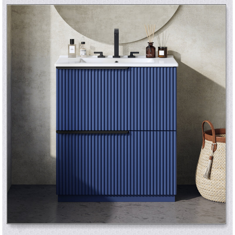 Meuble-lavabo autoportant de 30 pouces avec lavabo en céramique, tiroirs pleine extension et conception cannelée pour un rangement élégant