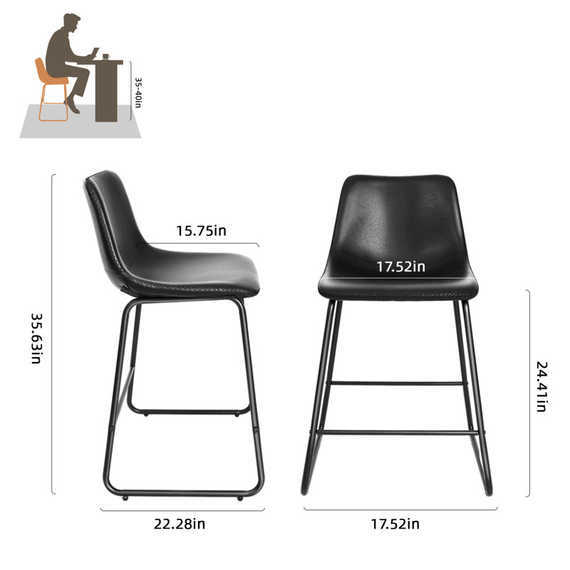Ensemble de 4 tabourets de bar 17 étages, hauteur de tabouret de comptoir en similicuir moderne sans accoudoirs avec base en métal, noir