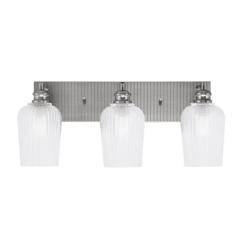 Barre d'éclairage de salle de bain 3 lumières Arvon avec verre texturé 5 po, Nickel brossé, Clair