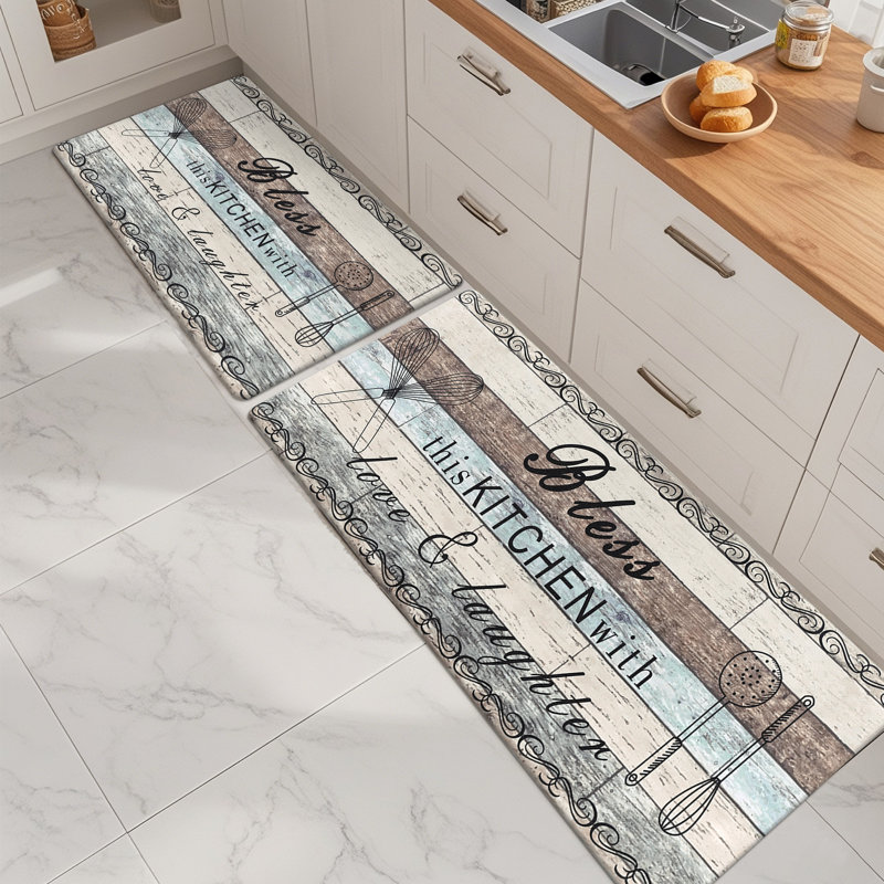 Anti-Fatigue Non-Skid Waterproof Cushioned Kitchen Mat (Set of 2), Runner 17" x 28" + 17" x 48", Teal/Brown/Beige