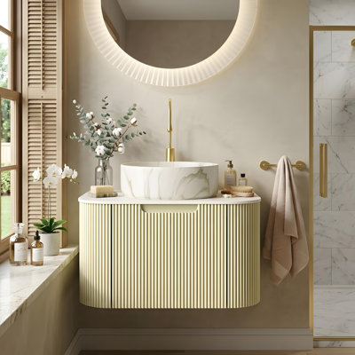 Meuble-lavabo de salle de bain et lavabo, avec lavabo en céramique à motif blanc mat et comptoir en pierre frittée