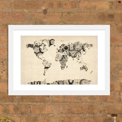 «Map of the World Map from Old Clocks», reproduction d'impression, H 24 po x l 32 po x P 1 po, Papier encadré blanc