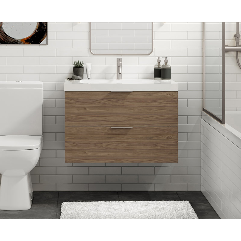 Avila 30" W Wall Mounted Single Bathroom Vanity, Gloss White/8" Widespread, Nocino, Satin Nickel