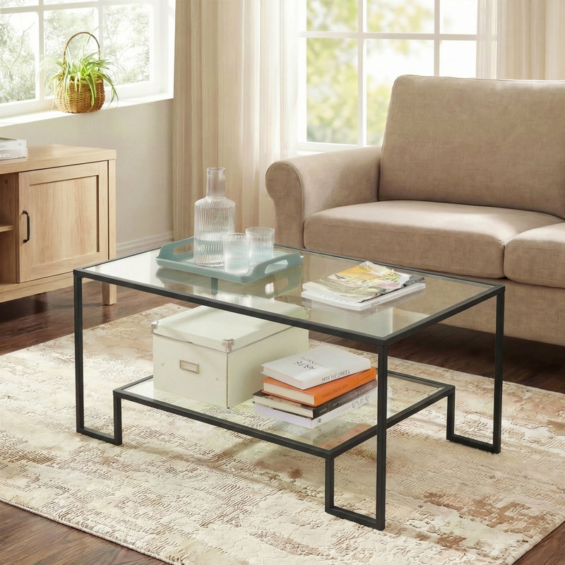 Aubre 39.4" W Rectangle Glass Top Coffee Table with Storage, Black