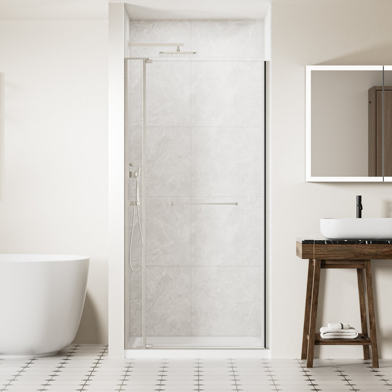 Porte de douche pivotante sans cadre l 32 à 36 po x H 72 po, verre trempé de 1/4 po (6 mm) et 5/16 po (8 mm), porte de douche battante avec barre à serviettes et butée anti-collision 105 °, finition chromée, réversible Installation
