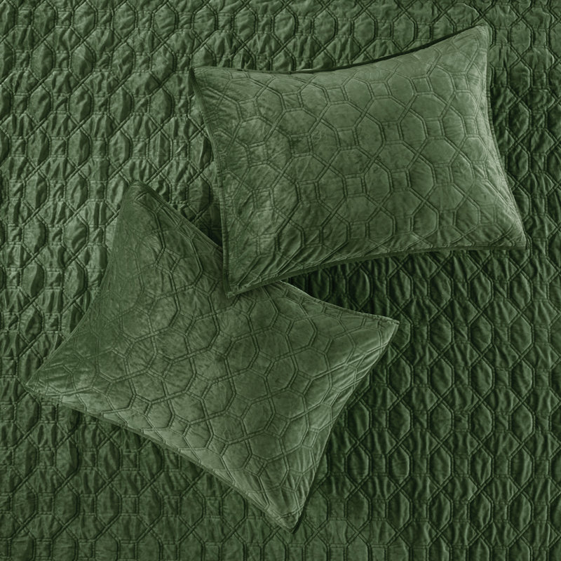 Green Velvet Geometric Quilt Set - Queen