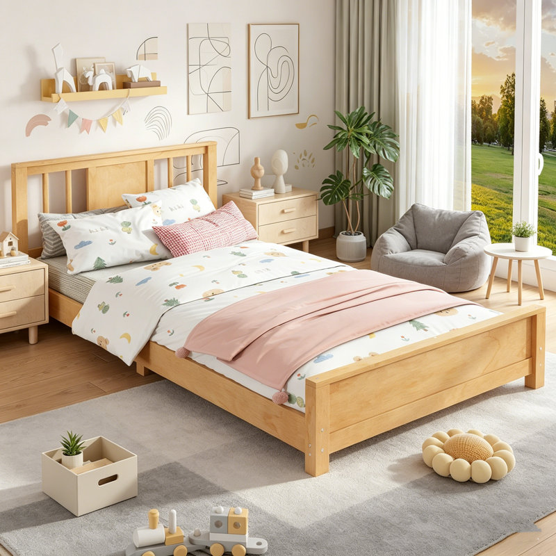 Cadre de lit simple en bois, lit plateforme en bois massif avec tête et pied de lit à lattes, lit robuste sans sommier, cadre de lit plateforme, cadre de lit simple en bois massif, cadre de lit simple pour chambre d'enfant, blanc et naturel