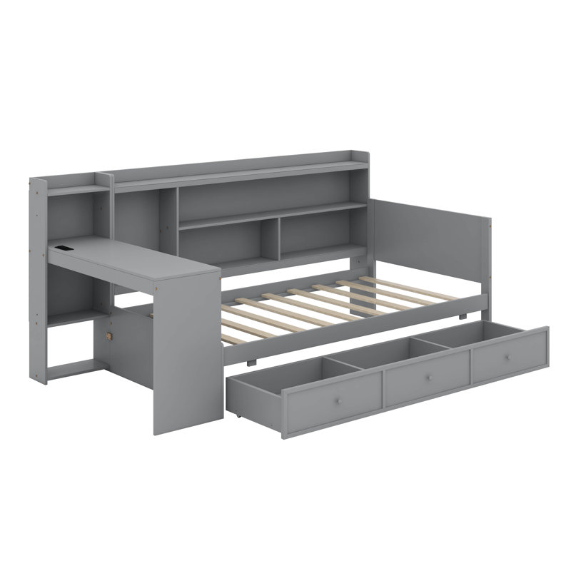 Lit de jour simple avec tiroirs et bureau, Gris