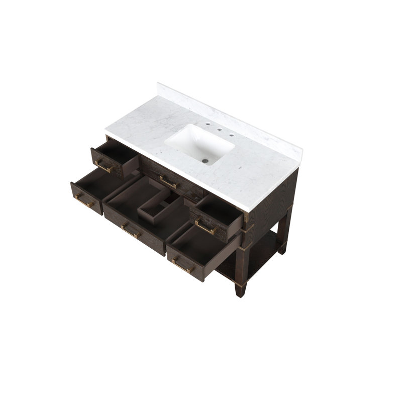 Meuble-lavabo simple l 48 po x P 22 po, avec comptoir en marbre de Carrare, Chêne brun