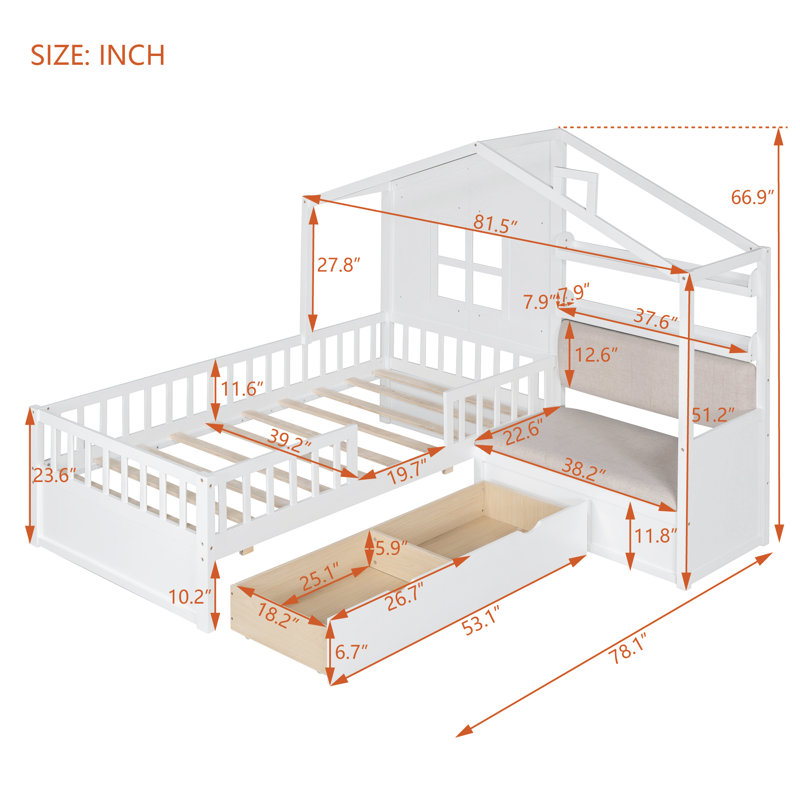 Lit simple Roomfitter avec canapé, lit plateforme en bois avec compartiment de rangement et tablette latérale, conception peu encombrante, blanc