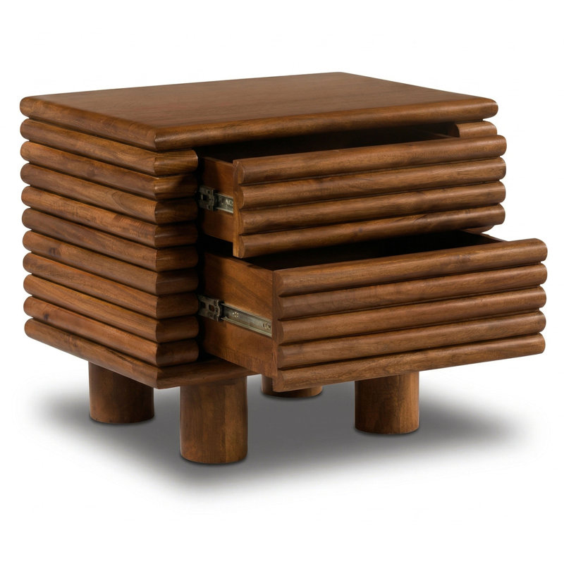 Table de chevet Flascio en bois de manguier massif avec motif nervuré en noyer
