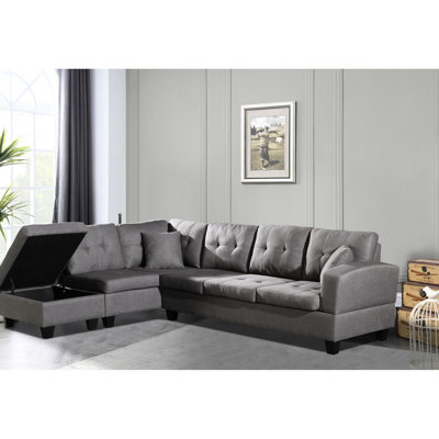 Chaise longue en tissu avec rangement, revêtement, structure en eucalyptus, pieds en plastique, coussins moelleux pour plus de confort, arrangement de coussins confortables
