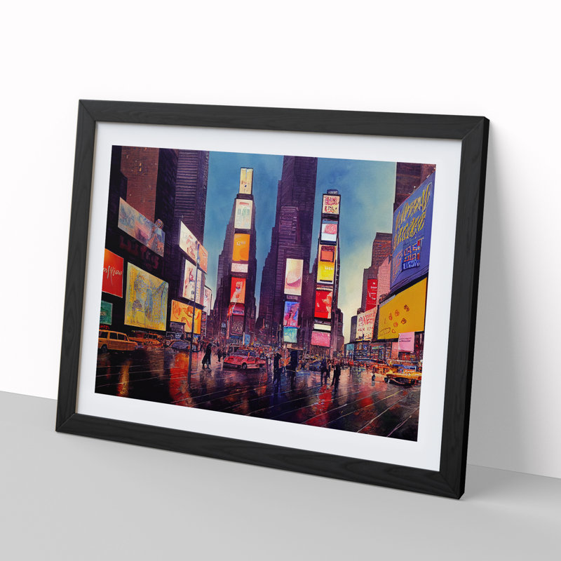 Times Square New York Watercolour Vol.2 - Single Picture Frame Print, 46cm H x 64cm W x 2cm D, Black Framed