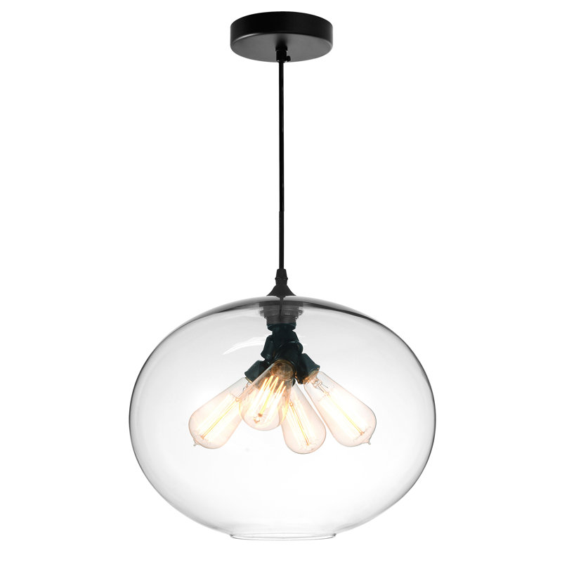 Glass Pendant Light - Single Bulb Hanging Fixture with Minimalist Modern Round Clear Shade, Adjustable Black Cord - Kitchen, Dining Room, Bar Lighting