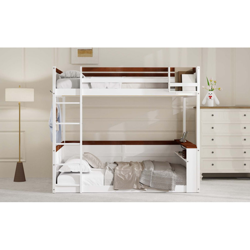 Grand lit superposé en bois avec tablettes intégrées, boîte de rangement, lumière DEL et station de charge USB, Blanc