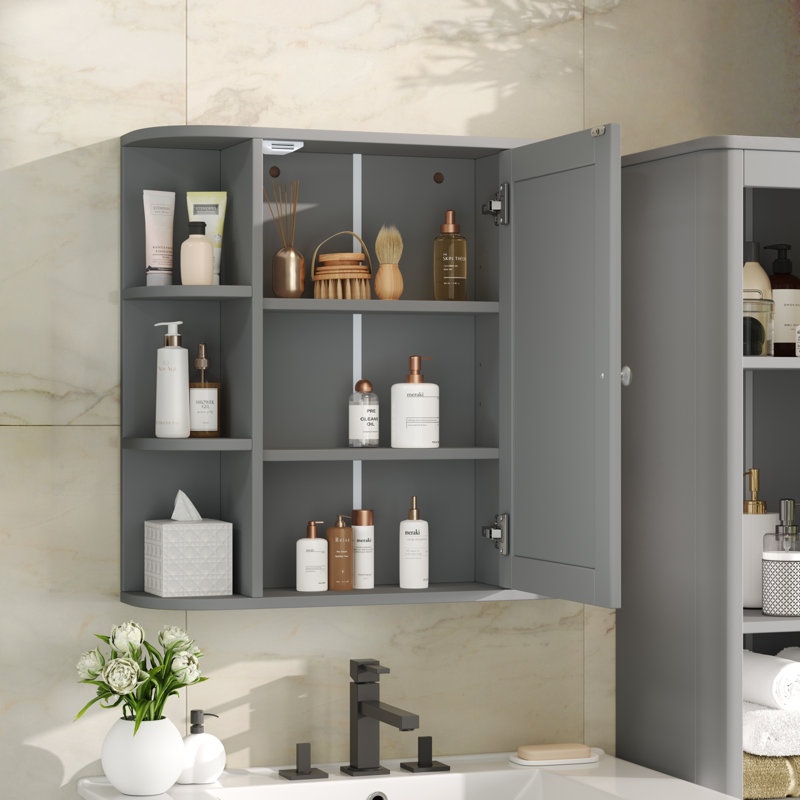 Armoire à pharmacie de salle de bain murale avec miroir et tablettes réglables, Gris