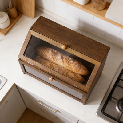 Boîte à pain à double couche pour comptoir de cuisine, bac de rangement de pain en bois de grande capacité avec fenêtre de vue, garde le pain frais pendant des jours, style maison de campagne rustique