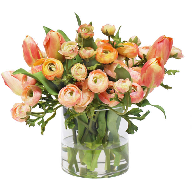 Mix Peach Ranunculus and Tulip Floral Arrangement in Vase