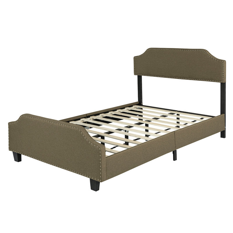 Upholstered Linen Queen Bed Frame, Platform Bed With Curved Shape Headboard And Footboard, Metal Frame With Wood Slat Support, Headboard Height Adjustable, No Box Spring Needed,  Chocolate