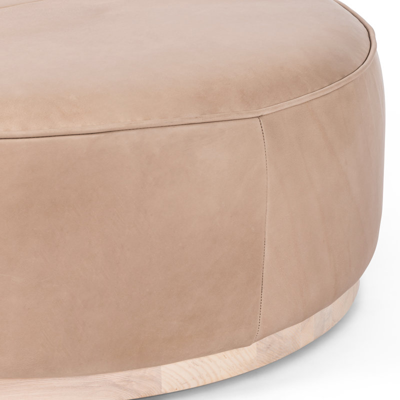 Sinclair Round Ottoman, Harness Burlap Faux leather, Natural Whitewash Ash