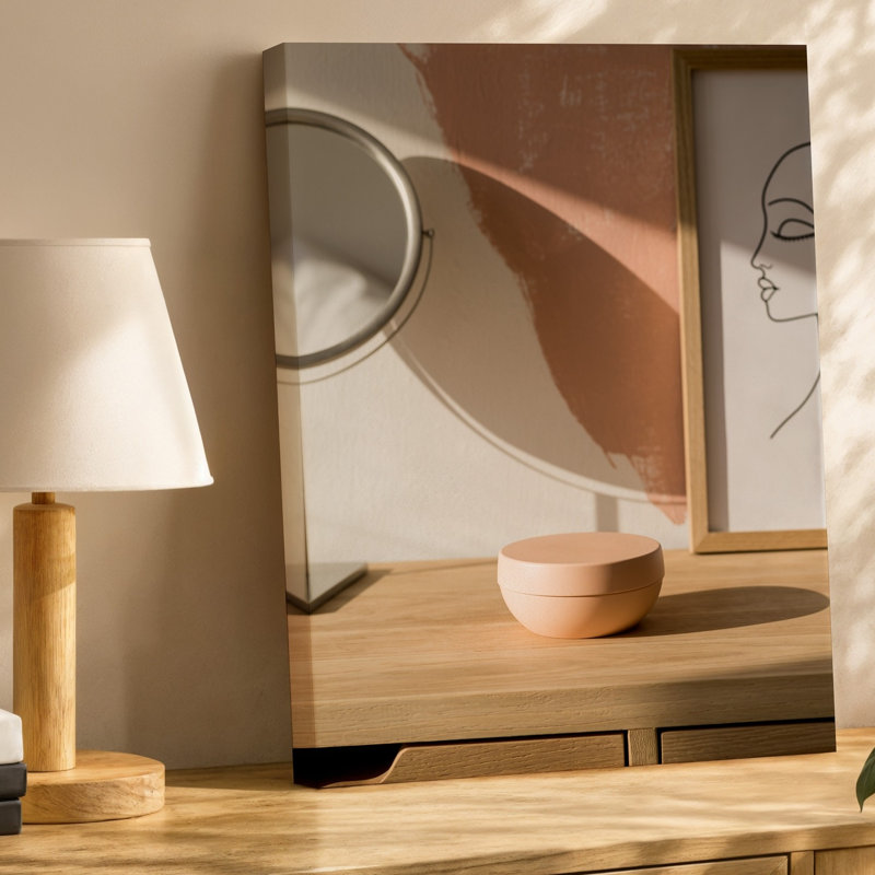 Canvas A Serene Minimalist Interior Scene Featuring A Light Wooden Bedside Wall Art Table With A Smooth Rounded Container In Soft Canvas Wall Art