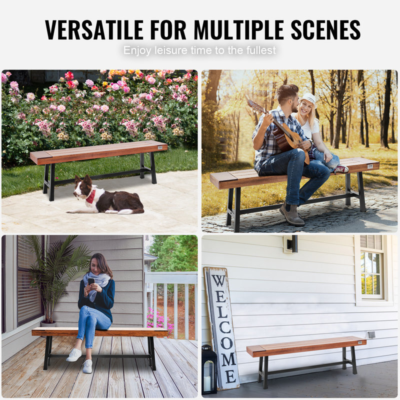 63-Inch Brown Wood and Black Metal Outdoor Bench