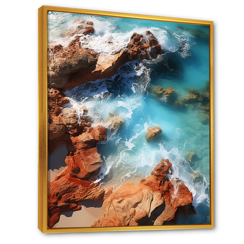 Plage bleue bleue vue aérienne V - Art mural plage, Cadre flottant doré, H 40 po x l 30 po x P 1,5 po