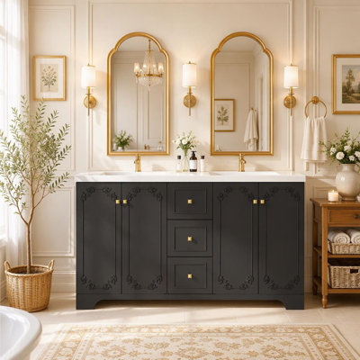 Meuble de salle de bain sculpté de style français 60 po, grand espace de rangement - 4 portes à fermeture en douceur et 3 tiroirs