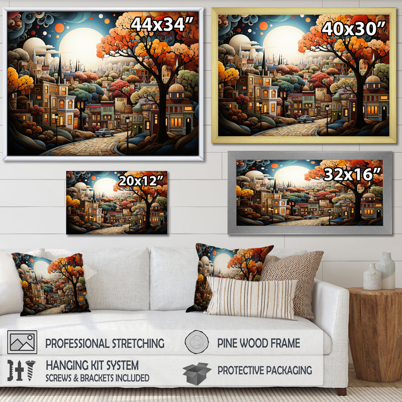 Cozy village in Autumn Moonlit II - Art mural déco ville, Cadre doré à coins fermés, H 24 po x l 32 po x P 1 po
