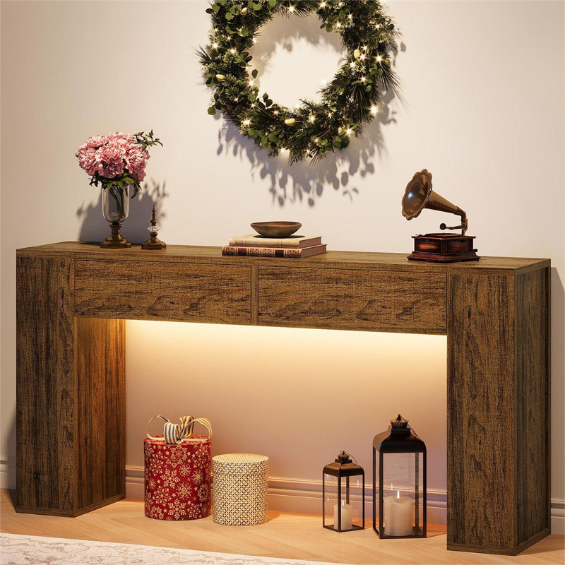 55.12'' Console Table With Drawers And LED Light, Rustic Brown