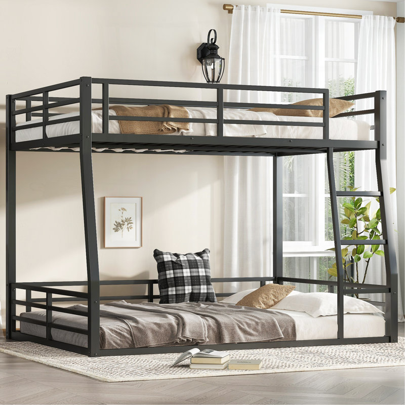 Lit superposé au dessus d'un grand lit double en métal pour les adolescents et les adultes, peu encombrant / sans sommier, noir