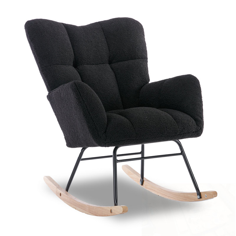 Chaise berçante en tissu Teddy avec base robuste, Noir