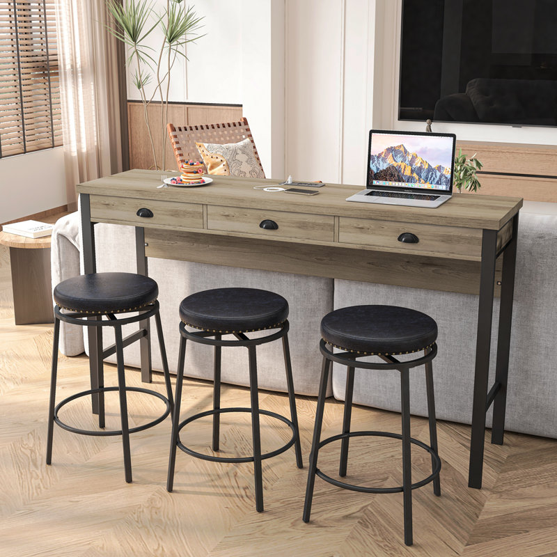 Ensemble de table de salle à manger à 3 tiroirs avec prises électriques, ensemble de table de bar avec tabourets circulaires en polyuréthane, facile à assembler, table gris-brun et tabouret noir