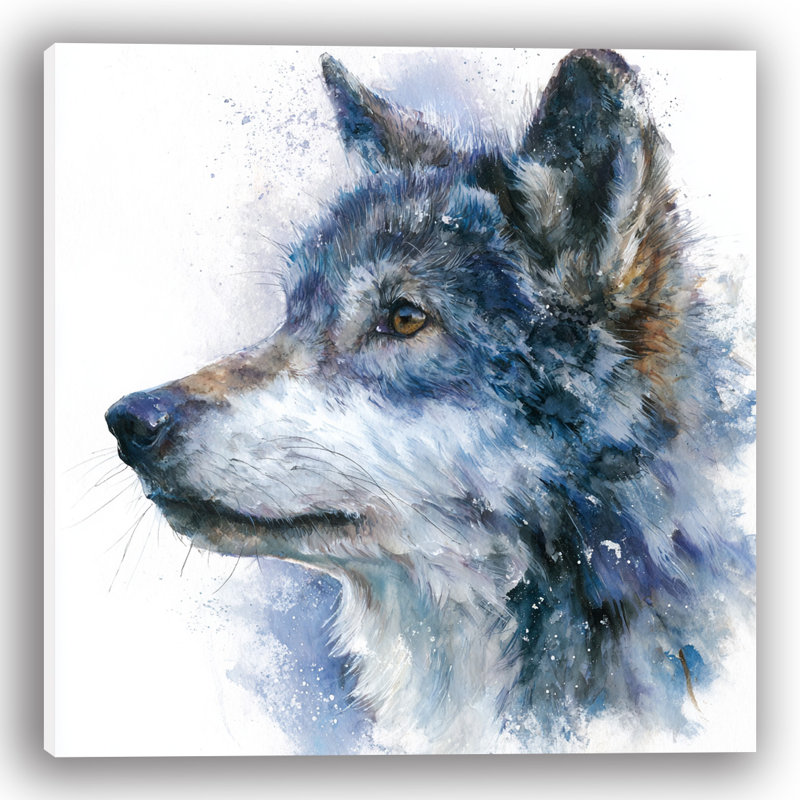 Loup en aquarelle, art mural sur toile, H 20 po x l 20 po