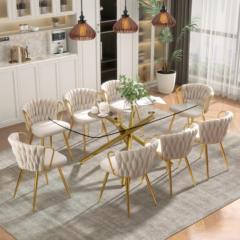 Elegant 71" Modern Retro Dining Table Set For 4-8, Rectangular Glass Top Dining Table With Stainless Steel Base & Velvet Arm Chairs, Multi-Purpose Kitchen Dining Room Furniture For Gathering, Living Room, Restaurant