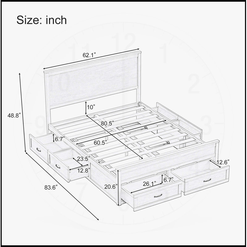Structure de lit grand format avec 6 tiroirs, lit plateforme avec support en lattes de bois, aucun sommier requis