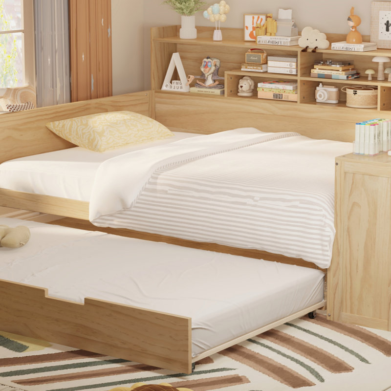 Lit de jour en bois avec tablettes de rangement, lit multifonctionnel avec lit gigogne simple et bureau d'étude (lit de jour)