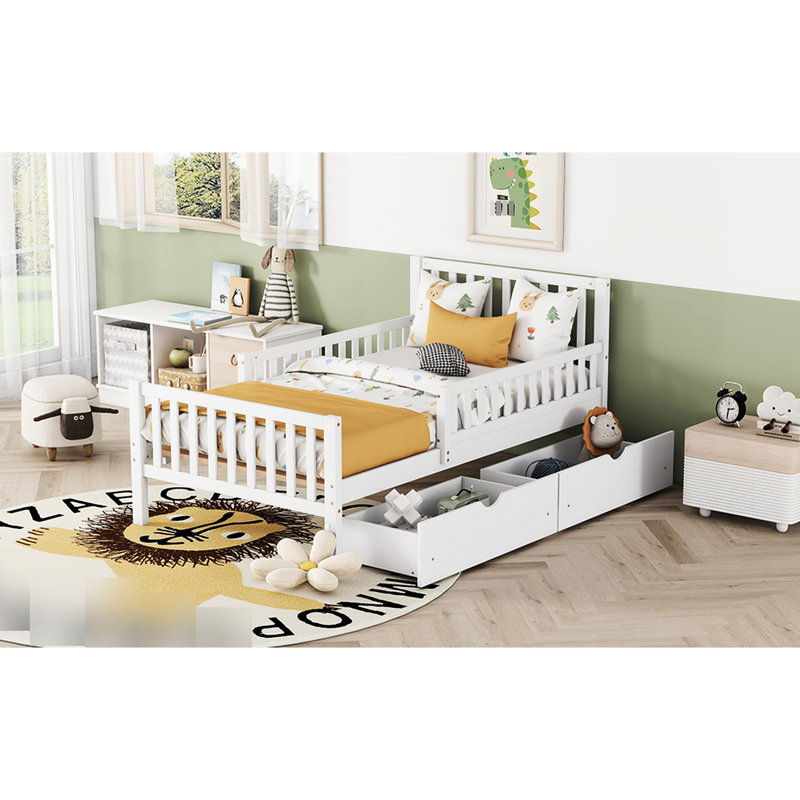 Lit plateforme simple en bois blanc avec garde-corps et options de rangement disponible pour lit simple - Charisme, Blanc