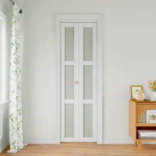 Paintable 3-Lite Tempered Frosted Glass Primed White Solid Core Bi-fold Door with Installation Hardware Kit(Closet-Pantry Door)