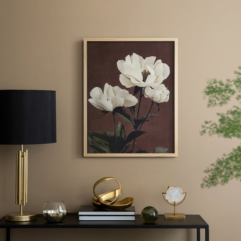 Reproduction florale rétro encadrée, bois massif, Naturel, H 21 po x l 17 po