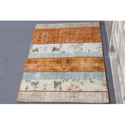 Small Vintage Turkish Patchwork Rug For Entry Featuring Orange Oushak Design And Hand Woven Abstract Detail For Unique Home Decor Floor Accent