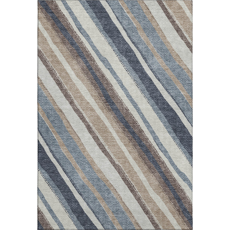 Premium Machine Washable Mayfield AMF2282 Striped Rug, Denim, 2'6" x 3'10"