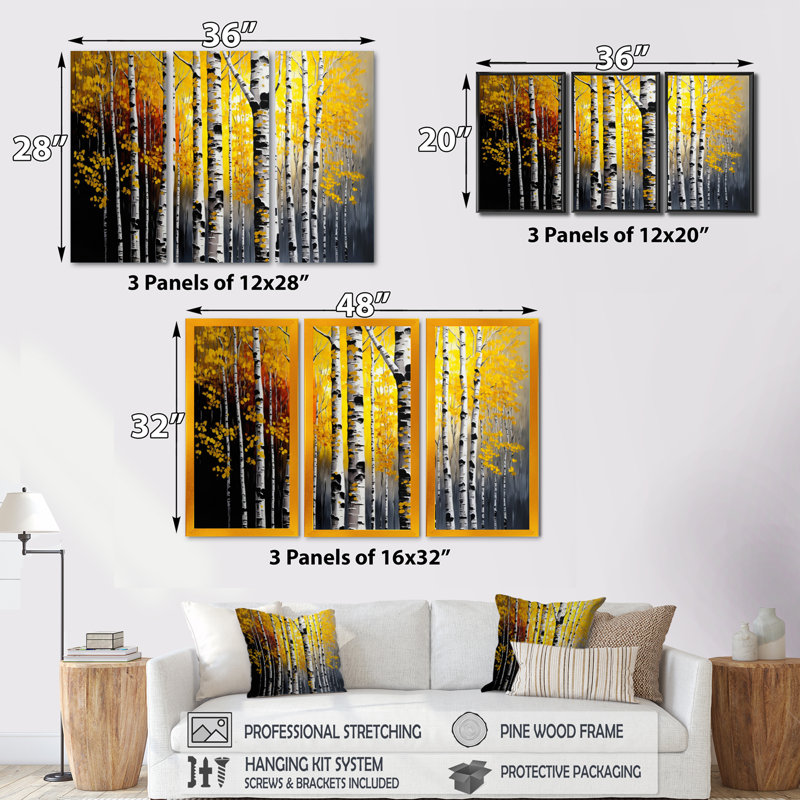 Into A Golden Birch Forest VI - ensemble d'art mural sur toile paysage, Cadre noir, H 28 po x l 36 po x P 1 po