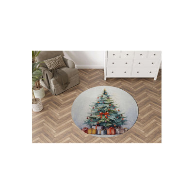 Christmas Green Tree and Gift Modern Woven Base Round Decorative Machine Washable Area Rug